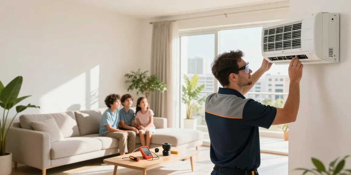 Split AC repair technician inspecting a home AC unit in a bright Dubai living room.
